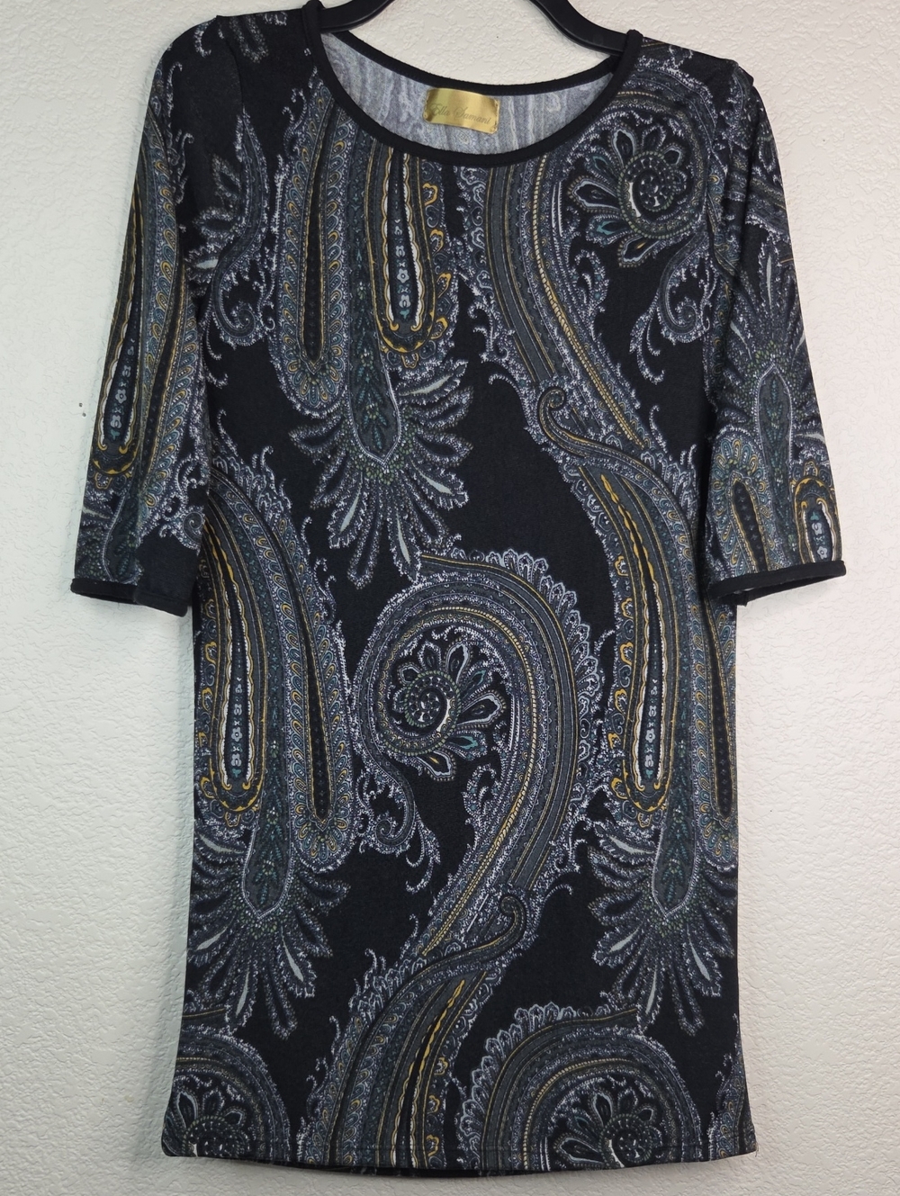 Black Paisley Print Shift Dress - Elegant Short Sleeve